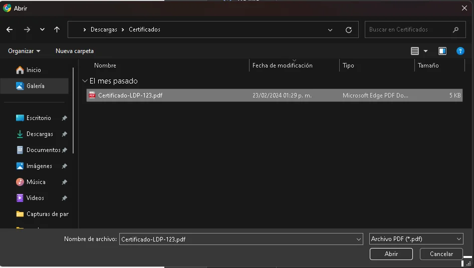 ejemplo de opciones de selección de certificado